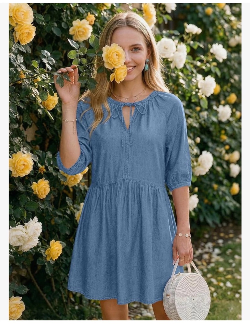 Blue denim Casual Peasant Dress with Tie Keyhole